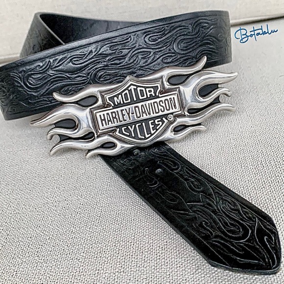 HARLEY-DAVIDSON Flame Tooled Black Leather Belt & Belt Buckle Size 36 - Picture 5 of 16